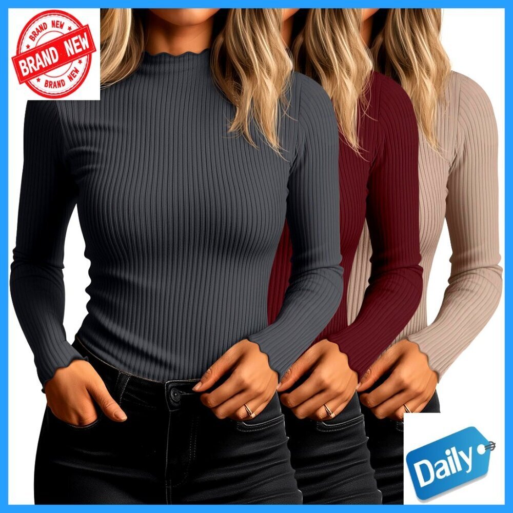 Slim Fit Ribbed Mock Turtleneck Long Sleeve Tops 3 Pack Cotton Blend